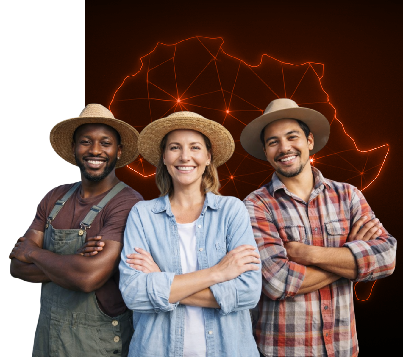 Three farmers in front of an orange-lined map of Africa