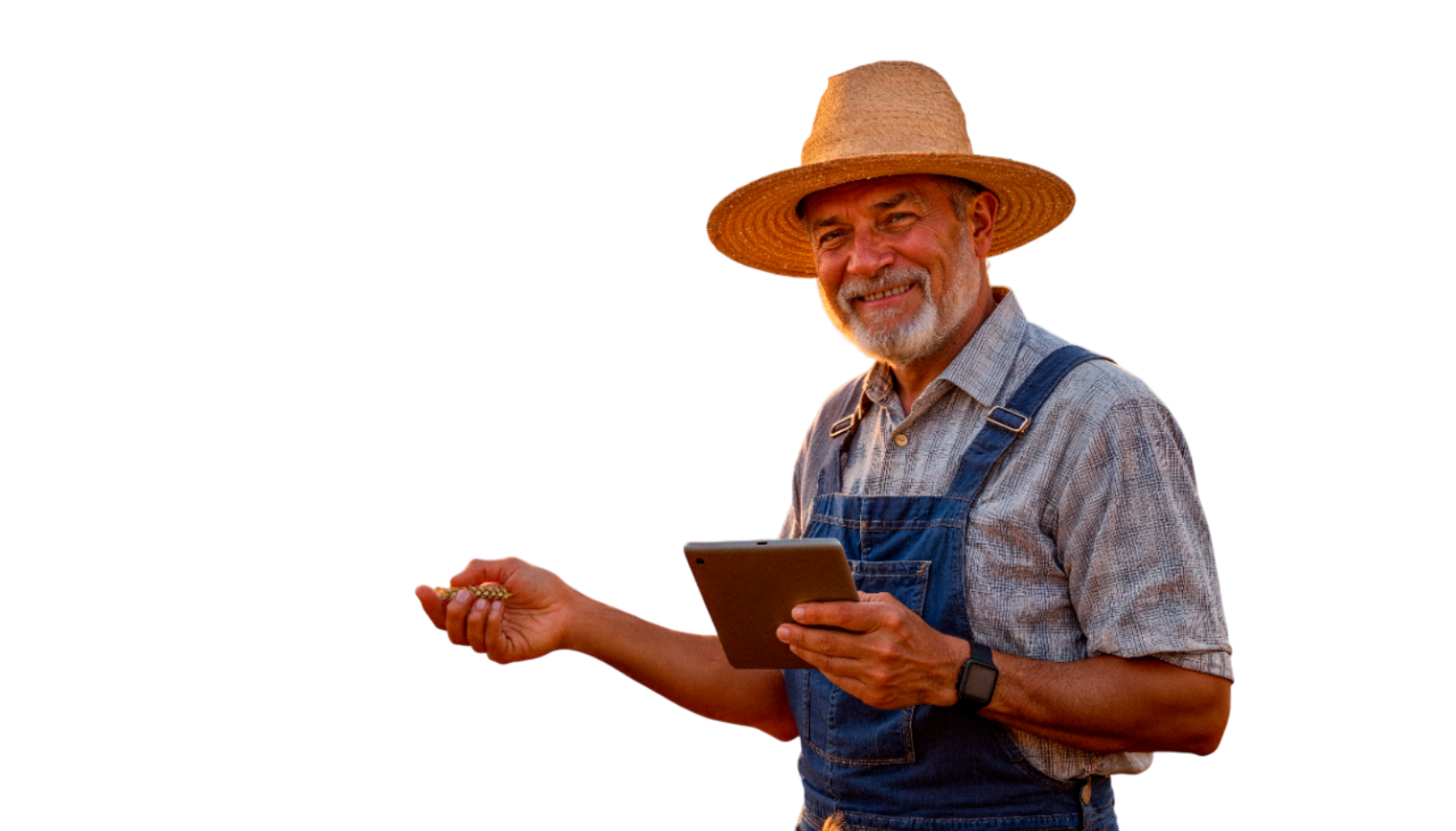 An Agri4All agent in a straw hat holding a tablet, ready to assist sellers